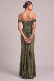 Army Green Corset Floral Mermaid Off the Shoulder Ruched Long Wedding Guest Dress
