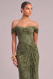Army Green Corset Floral Mermaid Off the Shoulder Ruched Long Wedding Guest Dress