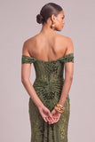 Army Green Corset Floral Mermaid Off the Shoulder Ruched Long Wedding Guest Dress