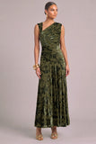 Army Green A-Line Floral Asymmetrical Neck Ruched Maxi Wedding Guest Dress