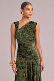Army Green A-Line Floral Asymmetrical Neck Ruched Maxi Wedding Guest Dress
