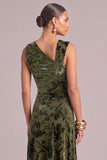 Army Green A-Line Floral Asymmetrical Neck Ruched Maxi Wedding Guest Dress