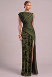 Army Green Sheath Boat Neck Ruched Maxi Floral Wedding Guest Dress with  Slit