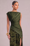 Army Green Sheath Boat Neck Ruched Maxi Floral Wedding Guest Dress with  Slit
