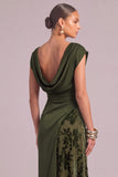 Army Green Sheath Boat Neck Ruched Maxi Floral Wedding Guest Dress with  Slit