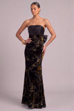 Black Floral Mermaid Strapless Ruched Maxi Wedding Guest Dress with Bow