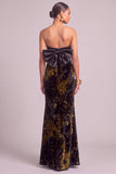 Black Floral Mermaid Strapless Ruched Maxi Wedding Guest Dress with Bow