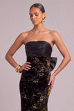 Black Floral Mermaid Strapless Ruched Maxi Wedding Guest Dress with Bow