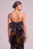 Black Floral Mermaid Strapless Ruched Maxi Wedding Guest Dress with Bow