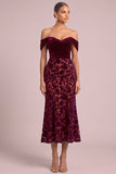 Burgundy Mermaid Off the Shoulder Floral Midi Wedding Guest Dress