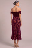 Burgundy Mermaid Off the Shoulder Floral Midi Wedding Guest Dress