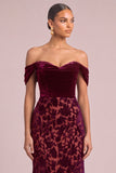 Burgundy Mermaid Off the Shoulder Floral Midi Wedding Guest Dress