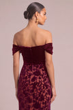 Burgundy Mermaid Off the Shoulder Floral Midi Wedding Guest Dress