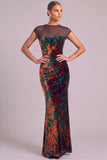 Dark Green Floral Mermaid Illusion Neck Ruched Maxi Wedding Guest Dress with Slit