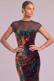 Dark Green Floral Mermaid Illusion Neck Ruched Maxi Wedding Guest Dress with Slit