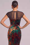 Dark Green Floral Mermaid Illusion Neck Ruched Maxi Wedding Guest Dress with Slit