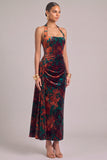 Floral Dark Green Sheath Halter Ruched Maxi Wedding Guest Dress