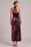 Floral Dark Green Sheath Halter Ruched Maxi Wedding Guest Dress