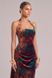 Floral Dark Green Sheath Halter Ruched Maxi Wedding Guest Dress