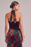 Floral Dark Green Sheath Halter Ruched Maxi Wedding Guest Dress