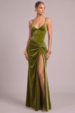 Olive Velvet Mermaid Spaghetti Straps Ruched Maxi Wedding Guest Dress with Slit