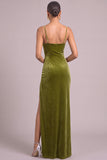 Olive Velvet Mermaid Spaghetti Straps Ruched Maxi Wedding Guest Dress with Slit