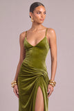 Olive Velvet Mermaid Spaghetti Straps Ruched Maxi Wedding Guest Dress with Slit