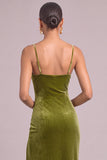Olive Velvet Mermaid Spaghetti Straps Ruched Maxi Wedding Guest Dress with Slit