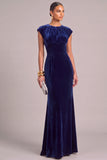 Navy Mermaid Round Neck Ruched Long Wedding Guest Dress