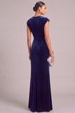 Navy Mermaid Round Neck Ruched Long Wedding Guest Dress