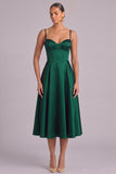 Dark Green Corset A-Line Spaghetti Straps Midi Wedding Guest Dress