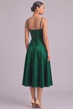 Dark Green Corset A-Line Spaghetti Straps Midi Wedding Guest Dress