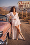 White 2 Piece V-Neck Ruffled High-Low Beach Wedding Dress with Sleeves