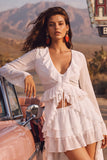 White 2 Piece V-Neck Ruffled High-Low Beach Wedding Dress with Sleeves