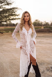 White Lace V-Neck Ruffled Asymmetrical Boho Wedding Dress with Sleeves