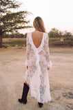 White Lace V-Neck Ruffled Asymmetrical Boho Wedding Dress with Sleeves