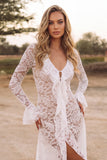 White Lace V-Neck Ruffled Asymmetrical Boho Wedding Dress with Sleeves