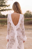 White Lace V-Neck Ruffled Asymmetrical Boho Wedding Dress with Sleeves