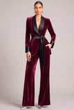 Burgundy Velvet Shawl Lapel Long Sleeves Business Suits with Sash