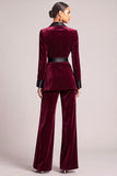 Burgundy Velvet Shawl Lapel Long Sleeves Business Suits with Sash