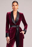 Burgundy Velvet Shawl Lapel Long Sleeves Business Suits with Sash