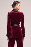 Burgundy Velvet Shawl Lapel Long Sleeves Business Suits with Sash