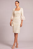 Beige Pencil Single Breasted Square Neck Plaid Tweed Midi Work Dress with Button