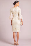 Beige Pencil Single Breasted Square Neck Plaid Tweed Midi Work Dress with Button