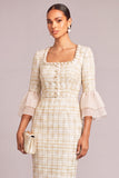 Beige Pencil Single Breasted Square Neck Plaid Tweed Midi Work Dress with Button