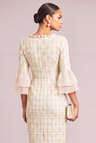 Beige Pencil Single Breasted Square Neck Plaid Tweed Midi Work Dress with Button