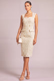 Beige Pencil Square Neck Plaid Midi Tweed Work Dress with Button