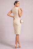 Beige Pencil Square Neck Plaid Midi Tweed Work Dress with Button