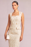 Beige Pencil Square Neck Plaid Midi Tweed Work Dress with Button
