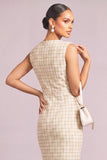 Beige Pencil Square Neck Plaid Midi Tweed Work Dress with Button